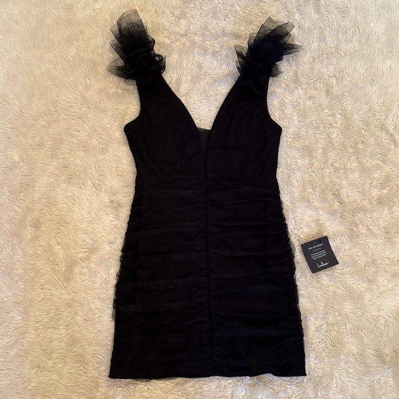 NWT Lulus Peak Poise Black Tulle Ruffled Bodycon Mini Dress - Size Small - Picture 2 of 5
